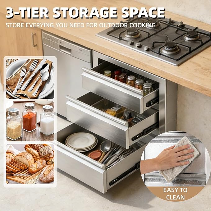 Outdoor Kitchen Drawers 18" x 20.5" x 20.5" Stainless Steel Triple Drawer Cabinet, Flush Mount Modular Storage for BBQ Islands & Patios