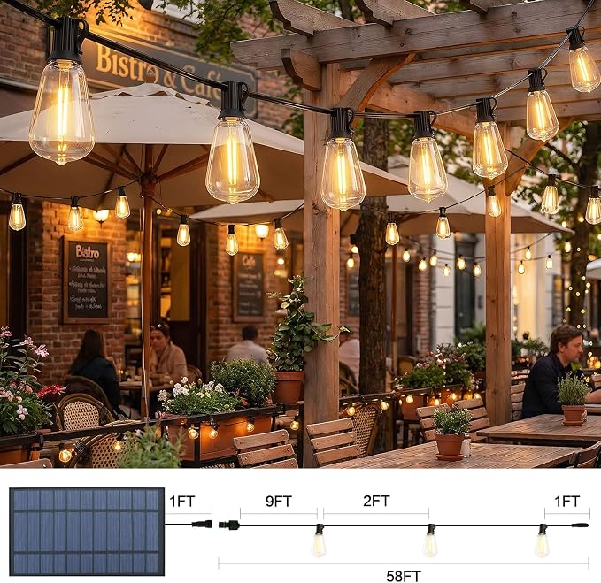 58FT Solar String Lights Outdoor Waterproof Patio Lights with Remote and 25+1 LED Shatterproof Bulbs, 3 Light Modes Dimmable & Timer Solar Lights for Backyard Porch Garden Wedding Decor