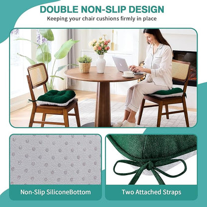 BETU Chair Cushions for Dining Chairs Set of 4,3.5" Thick Kitchen Table Chair Pads with Ties,Non Slip Backing and Covers, Seat Cushion for Dining Room,Bar,Patio Chairs,15.5"X15.5"X3.5",Dark Green