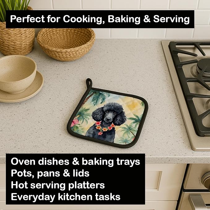Caroline's Treasures Black Poodle Luau Pair of Pot Holders Kitchen Heat Resistant Pot Holders Sets Oven Hot Pads for Cooking Baking BBQ, 7 1/2 x 7 1/2