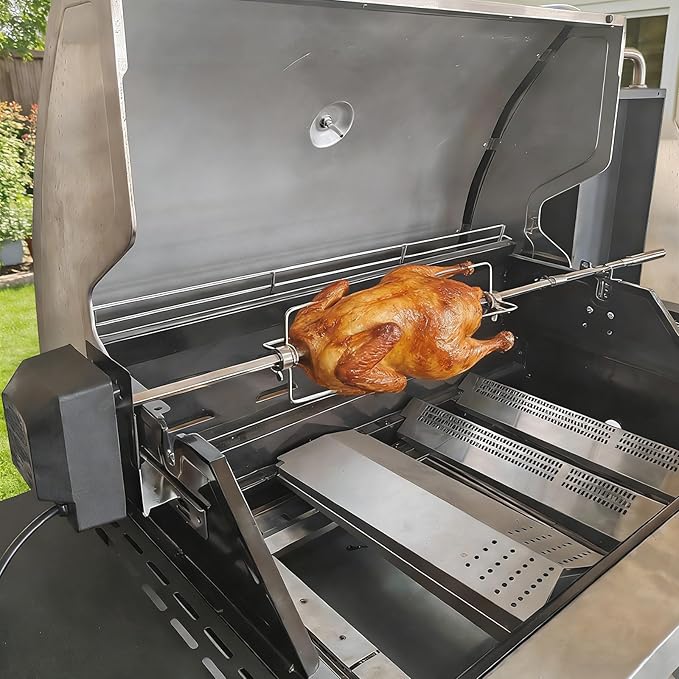 Universal BBQ Grill Rotisserie Kit with 110V-120V 4W Electric Motor for Most Gas Grills, Include 4-Prong Meat Forks and 5/16-Inch Adjustable-Length Square Spit Rods