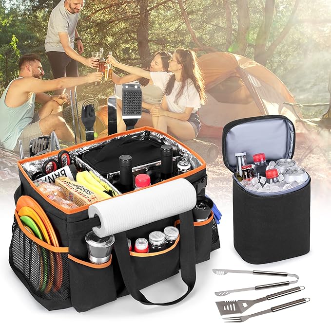 HODRANT Large Grill Utensil Caddy with Detachable Cooler, Collapsible Picnic Organizer with Paper Towel Holder for Griddle Accessories, Tailgating Accessory Basket for Outdoor Cooking Supplies, Black