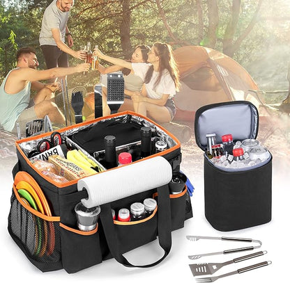 HODRANT Large Grill Utensil Caddy with Detachable Cooler, Collapsible Picnic Organizer with Paper Towel Holder for Griddle Accessories, Tailgating Accessory Basket for Outdoor Cooking Supplies, Black