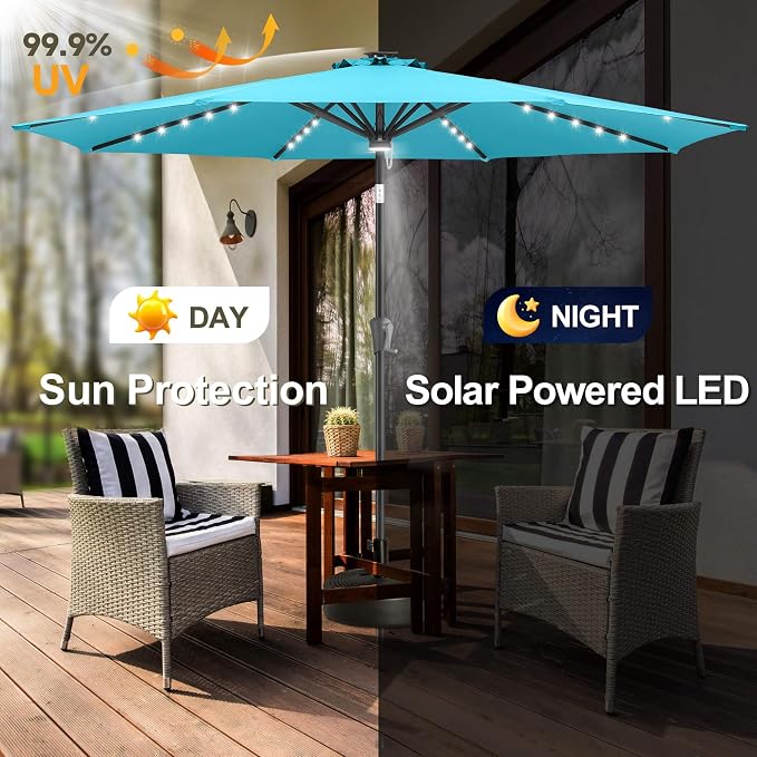 FLAME&SHADE Solar Patio Umbrella with a Centre Light, 9 FT Aqua Blue | 40 LED Lights, UV Protection, Waterproof, Porch Deck Outdoor Umbrella for Pool, Backyard, Garden, Provides Evening Lighting