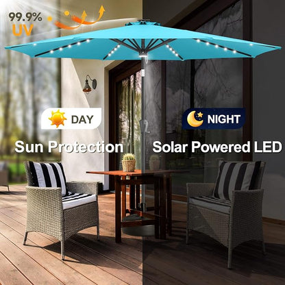 FLAME&SHADE Solar Patio Umbrella with a Centre Light, 9 FT Aqua Blue | 40 LED Lights, UV Protection, Waterproof, Porch Deck Outdoor Umbrella for Pool, Backyard, Garden, Provides Evening Lighting