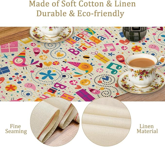 Birthday Table Runner, Dotted Spirals Stars Hearts Musical Notes Surprise Present Boxes Pattern Smil Decor Dining Room Kitchen Runner Fabric Linens 13x108in