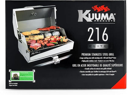 Camco Kuuma Stow N’Go 216 Elite Propane Grill | Features Built-In Thermometer & Push-Button Igniter | Includes Fold Away Legs & Removable Warming Rack | Use as Camping Stove and More (58155)