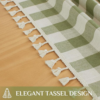 Softalker Outdoor Checkered Tablecloth, Linen Cotton Gingham Table Cloths for 6 Foot Rectangle Tables with Tassel, Heavy Duty Wrinkle Free Plaid Table Cover for Picnic Camping - 55 x 84 Inch, Sage