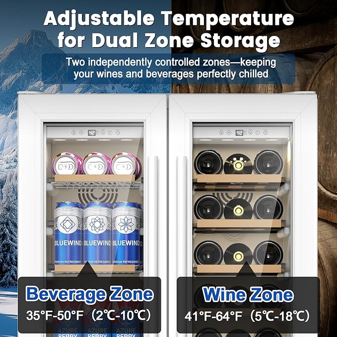 24 Inch Dual Zone Wine and Beverage Refrigerator - Under Counter Built-in/Free Standing Beverage Cooler with Glass Door,Beverage Fridge with Large Capacity, Advanced Cooling System, White