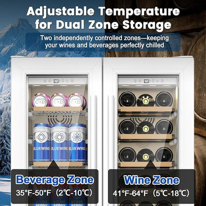 24 Inch Dual Zone Wine and Beverage Refrigerator - Under Counter Built-in/Free Standing Beverage Cooler with Glass Door,Beverage Fridge with Large Capacity, Advanced Cooling System, White