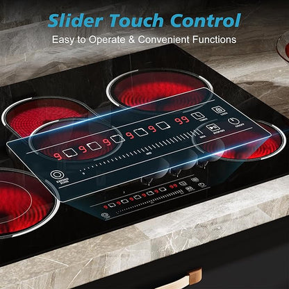 5 Burner Electric Cooktop, 30 Inch 8400W Built-in Electric Stovetop, Glass Ceramic Cooktop with Expanded Zone, Slide Touch Control, Child Lock, Timer, Pause, 220V - 240V Hard Wire, No Plug
