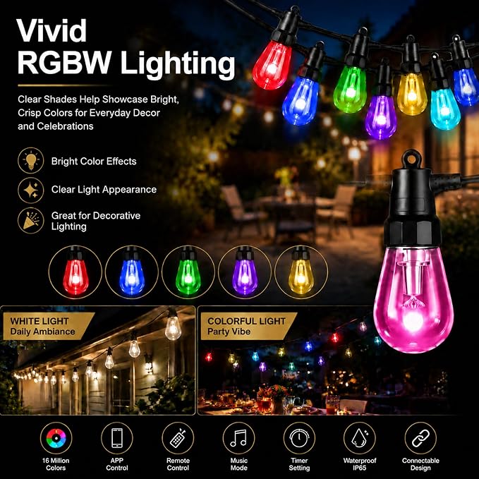 Outdoor String Lights 27FT, RGBW Patio Lights with App & Remote Control | 10 ST14 bulbs, RGBW color modes, app control, remote control, music mode, timer, patio decor