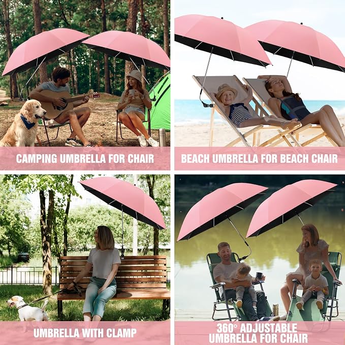 2 PACK Beach Umbrella with Clamp, 360 ° Adjustable Umbrellas for Chair, UPF50+ Umbrella for Beach Chair, Patio Chair, Wheelchair, Camping Chair, Golf Carts (Chair Not Included)