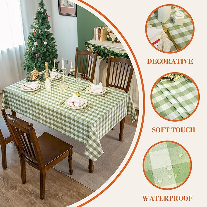 Green and White Gingham Tablecloth, Spring Plaid Waterproof Table Cover for St Patrick's Day, Indoor Dining, Kitchen Table, Garden Picnic, Washable Rectangle Tablecloth, W60 x L120 in