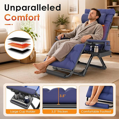 Slendor Heated Oversized Zero Gravity Chairs 33In, XXL Lounge Chair, Blue | Anti Gravity Recliner with 3 Heat Levels for Back & Seat, Headrest & Cup Holder, Folding, Supports 500lbs, (Battery Not)