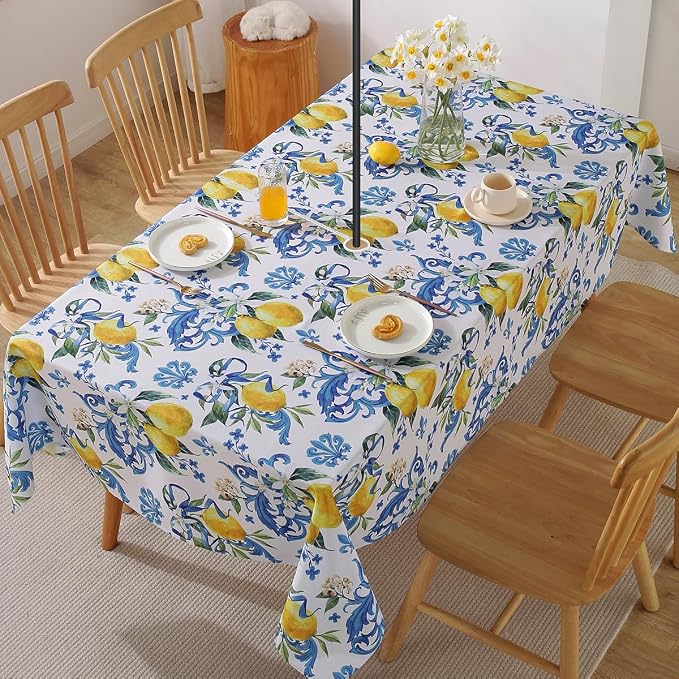 SASTYBALE Lemon Outdoor Tablecloth with Umbrella Hole and Zipper Rectangle 52x70 Inch Waterproof Italian Lemons Flower Zippered Table Cloth, Washable Table Cover for Summer/Patio/Picnic/Camping, Blue