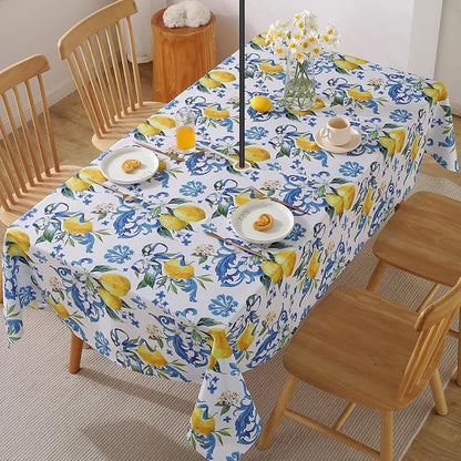 SASTYBALE Lemon Outdoor Tablecloth with Umbrella Hole and Zipper Rectangle 52x70 Inch Waterproof Italian Lemons Flower Zippered Table Cloth, Washable Table Cover for Summer/Patio/Picnic/Camping, Blue