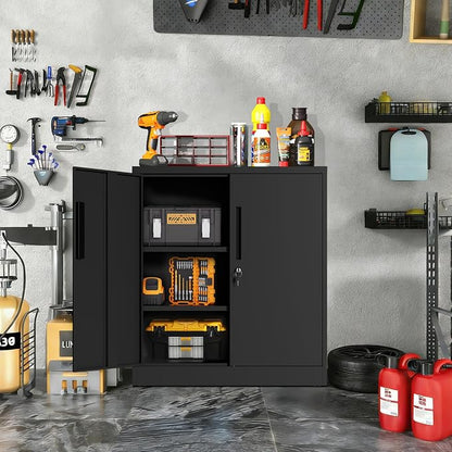36" H Metal Cabinet with Lock, Lockable Storage Cabinet, Black | Storage Cabinet with 2 Doors and 2 Adjustable Shelves, Locking Steel Cabinet for Garage Office Home, 36"H x 16"D x 32"W