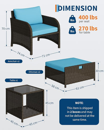 Garvee 5-Piece Outdoor Patio Conversation Set with Hidden Ottomans | PE Rattan Wicker Patio Furniture with Soft Cushions & Glass Coffee Table, Outdoor Lounge Chairs for Porch, Backyard (Blue)