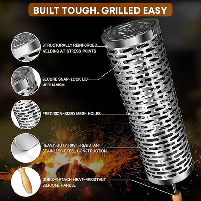 BBQ Rolling Vegetable Grill Basket: Barbecue Smoker Grill Rolling Baskets for Outdoor, Christmas Birthday Gifts for Dad Men Husband Unique 2pcs