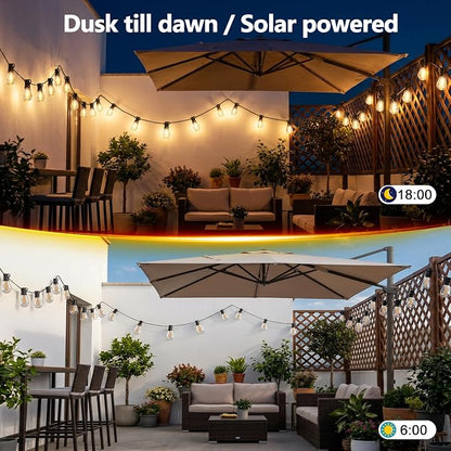 20FT Solar String Lights Outdoor Waterproof IP65, Shatterproof with LED Bulbs Long Last for 20+Hrs,USB & Solar Powered Patio Lights for Backyard, Porch, Garden, Wedding, Christmas,Party Decor