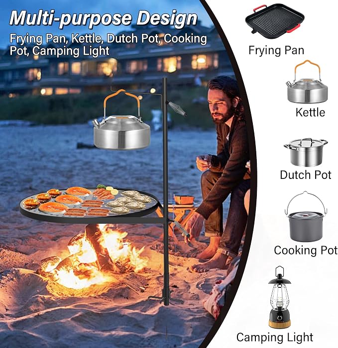 24" Fire Pit Grill w/304 Stainless Steel Grate, Grill Tray | Swivel Grill Grate, Portable Carry Bag, Height Adjustable, Easy Setup, Perfect for Hiking, Picnics & Family BBQs