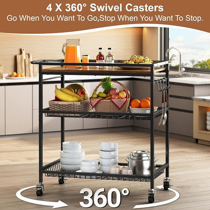 Microwave Kitchen Cart – 3 Tier Rolling Kitchen Utility Cart for Microwave Table Stand, Coffee Cart, Bar Cart, Kitchen Appliance Storage with Adjustable Shelf & Lockable Wheels, 34.25" L x 33.46" H