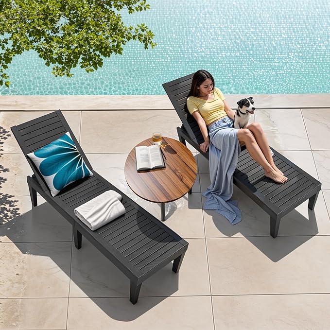 Outdoor Chaise Lounge Chairs Set of 4, 5-Position Adjustable Heavy Duty Tanning Loungers with Wood Texture, All-Weather Resin Patio Recliners for Pool, Garden, Deck, Beach, Black