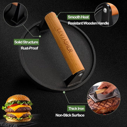 2Pack 2.3lb Steak Weight & Burger Press, Grid Base, 7" Round 7"X4" Rectangle Heavy Duty Cast Iron Grill Press with Wood Handle for Blackstone, Chef, Camp, Panini, Vegetable, Bacon, Sandwich, BBQ