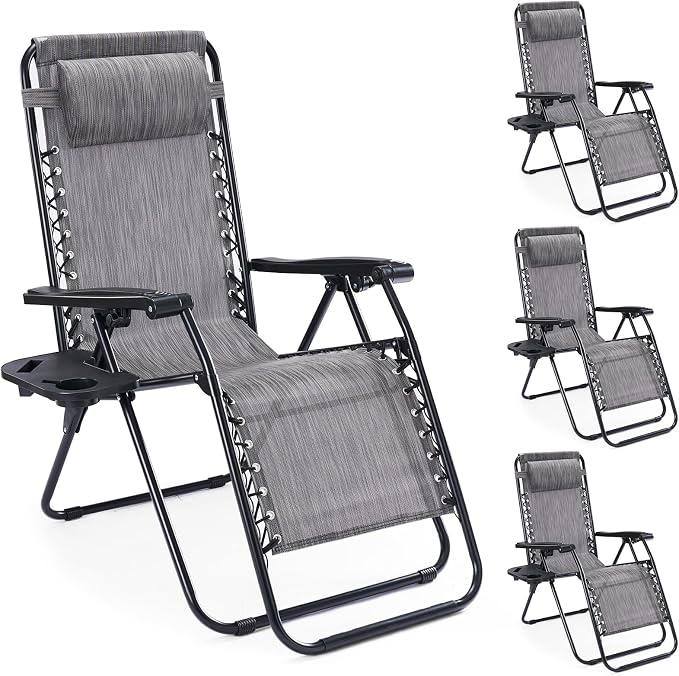 NEWBULIG Zero Gravity Chairs Set of 4, Folding Lounge Recliner Chair | Portable Lawn Camping Recliner with Adjustable Pollow, Mesh Back, Cup Holder Trays for Pool Beach Patio, Ash