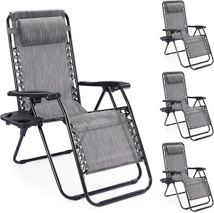 NEWBULIG Zero Gravity Chairs Set of 4, Folding Lounge Recliner Chair | Portable Lawn Camping Recliner with Adjustable Pollow, Mesh Back, Cup Holder Trays for Pool Beach Patio, Ash