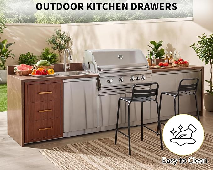 Garvee Outdoor Kitchen Drawers 17" W x 30" H x 21" D, Flush Mount Triple BBQ Drawers with Stainless Steel Handle, Paper Towel Holder Combo for BBQ Island, Patio Grill Station
