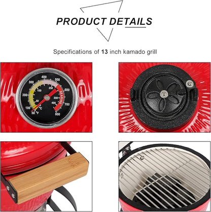 13" Round Ceramic Charcoal Grill,Tabletop Outdoor Barbecue Smoker,Portable Vertical Charcoal Smoker Grill,Heavy Duty Outdoor BBQ Grill,with Built-in Thermometer,for Garden Patio Beach Backyard (Red)