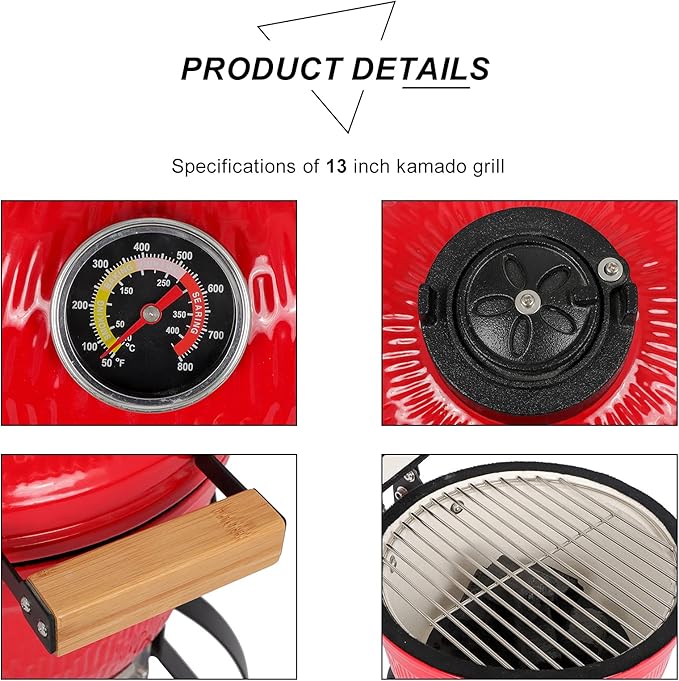 13" Portable Ceramic Charcoal Grill with Grill Stand,Multifunctional Barbecue Grills for Variations on Cooking Methods, Outdoor Tabletop Portable Grill,Red