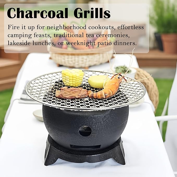 Yakitori Grill, Aluminium Alloy Small and Lightweight BBQ Stove, Japanese Portable Charcoal Barbecue Yakiniku for Household or Outdoor, Teapot Warmer, Tea Stove with Trivet and Stainless Steel Mesh