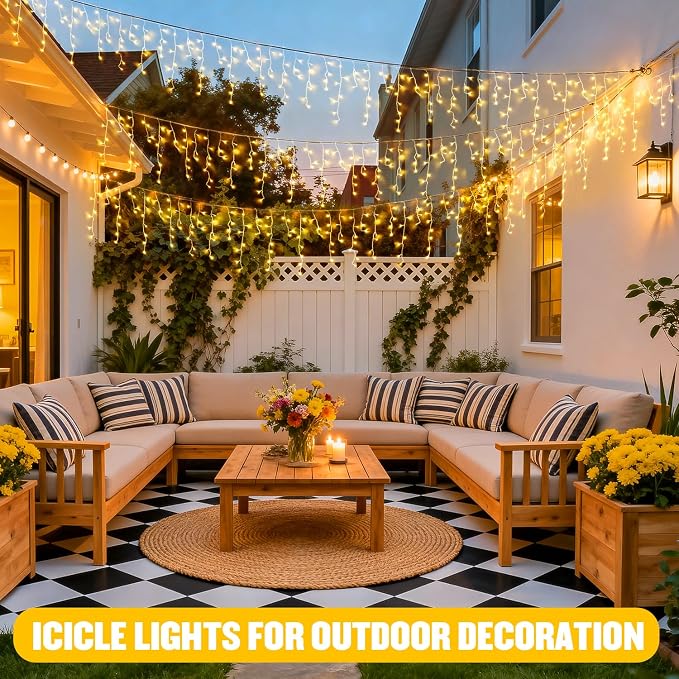 JMEXSUSS Icicle Lights for Outside, 400 LED 38.8FT | Christmas Lights Outdoor Indoor Plug in, Warm White String Lights for Christmas House Patio Party Fireplace Decorations