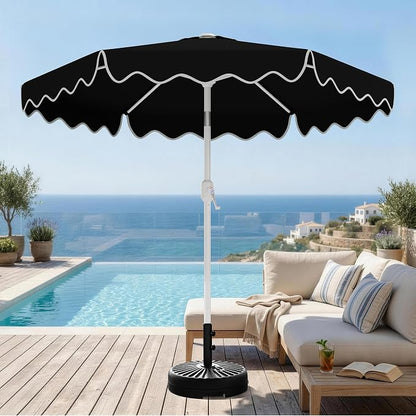 AreShark 9FT Outdoor Patio Umbrella with Wavy Trim (Black) | Market Table Umbrellas w/ 6 Sturdy Ribs, Crank & Tilt, White Pole, Pool Umbrella with UV-Fade Resistant Fabric, Heavy Frame