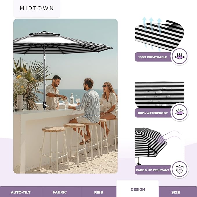 Midtown Umbrellas – The Lean 10 Ft Patio Umbrella with 10-Year-No-Fade Acrylast Acrylic Fabric, Auto-Tilt and 8 Reinforced Ribs for Deck, Pool, Garden, Hotel & Cafes – Urban Stripes Canopy, Black Pole