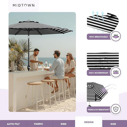 Midtown Umbrellas – The Lean 10 Ft Patio Umbrella with 10-Year-No-Fade Acrylast Acrylic Fabric, Auto-Tilt and 8 Reinforced Ribs for Deck, Pool, Garden, Hotel & Cafes – Urban Stripes Canopy, Black Pole