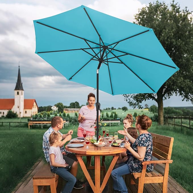 FLAME&SHADE Patio Umbrella Outdoor with Push Button Tilt, 10 ft Aqua Blue | UV Protection, Waterproof, 8 Sturdy Ribs, Porch Deck Umbrella for Pool, Table, Garden, Backyard, Provides Shade
