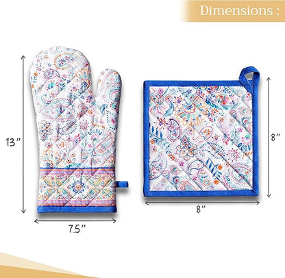 Maison d' Hermine 100% Cotton Oven Mitt & Pot Holder Set (7.5"x13" & 8"x8") Heat Resistant BBQ Cooking Gloves with Loop Baking Grilling Kitchen Hotel Home Farmhouse Spring Summer (Indian Floral)