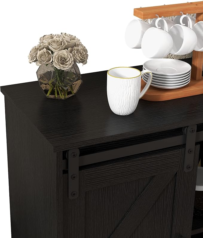 Panana Sliding Barn Door Buffet Sideboard Storage Cabinet Coffee Bar Kitchen Farmhouse Style (Black)