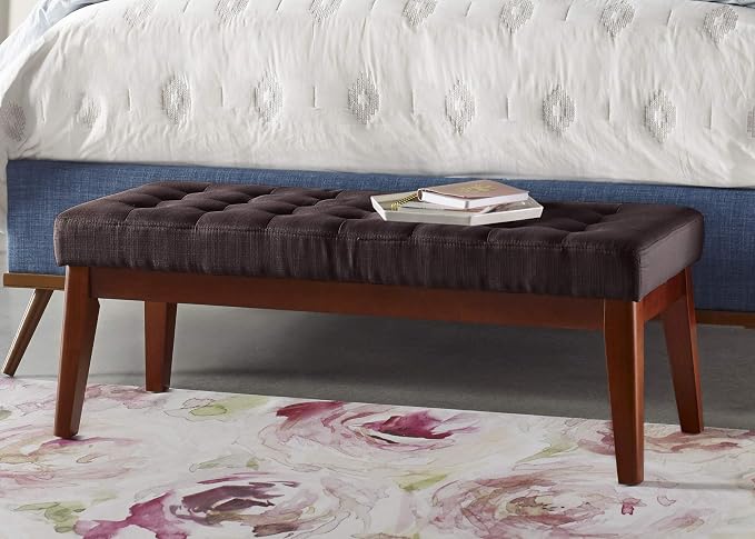 Elle Decor Claire Button Tufted Upholstered Bedroom Bench, Modern Fabric Padded Ottoman with Wooden Legs, Dark Brown