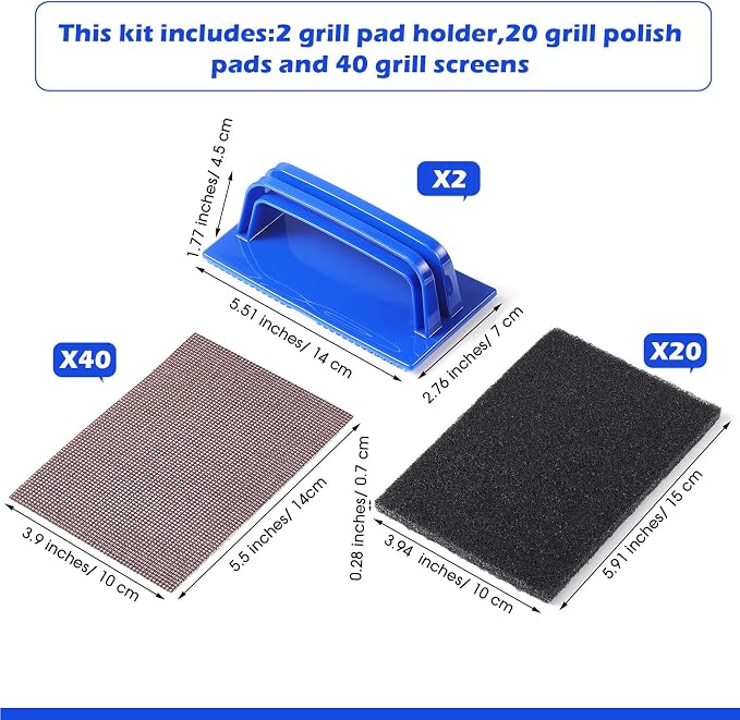 Reallnaive 62 Pcs Griddle Cleaning Kit for Flat Top Grill,Blue | Screen Holder, Grill Screens Cleaning Pads, Heavy Duty Abrasive Mesh Pads for Cast Iron, Stainless Steel Griddle Cleaner
