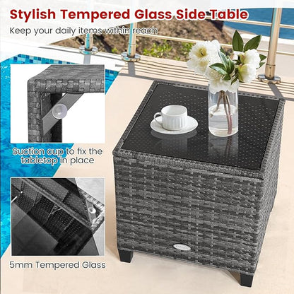 HAPPYGRILL 3 Pieces Patio Conversation Set, Outdoor Furniture Set PE Rattan Sofa Set with Removable Cushions, PE Wicker Chairs with Tempered Glass Side Table for Porch Lawn Garden Balcony Backyard
