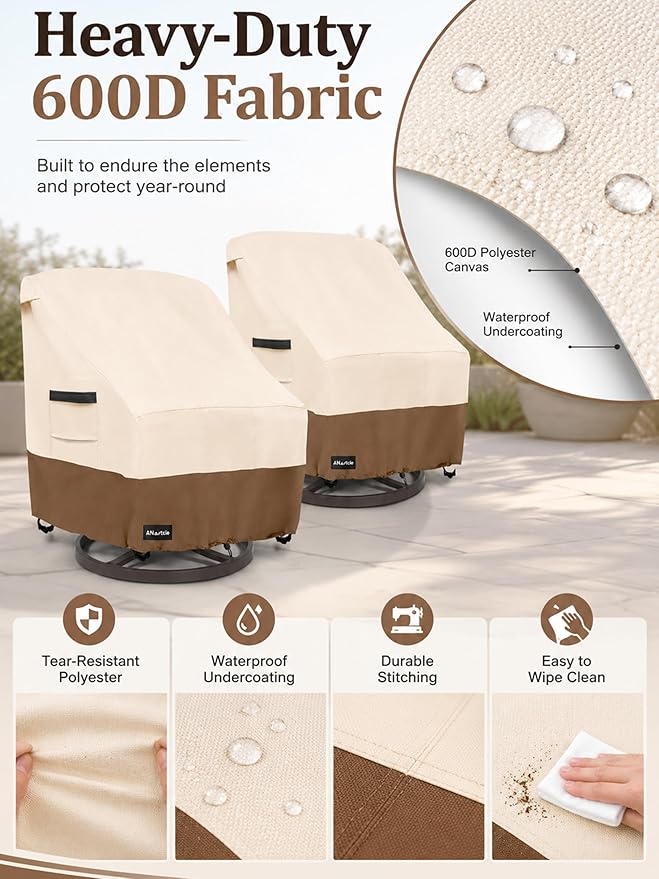 ANartcle Outdoor Swivel Rocker Chair Cover 2 Pack,Patio Swivel Chair Covers for Outdoor Furniture(28W x 33D x 38.5H Inch),Rocking Chair Covers Waterproof ,Beige&brown.