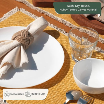 Hausattire Cotton Frayed Placemats Set of 6 Dining Table 14x14 Inch | Rustic Vintage Boho Washable Easter Placemat for Outdoor Parties BBQ's Spring, Holiday, Special Occasions, Nubby Cotton - Yellow