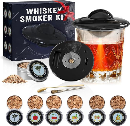 Electric Whiskey Smoker Kit, Cocktail Smoker Kit Built-in Lighter with 6 Wood Chips, No Butane Needed Whisky Smoker Kit, Rechargeable Drink Smoker kit, Birthday Gift for Men, Dad, Husband, Boyfriend