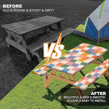 Fitted Picnic Table Cover with Bench Covers and Bag | Camping Essentials, Colorful Checkered Outdoor Waterproof Picnic Tablecloth with Elastic Edges, 3 Pcs Set 30x60 Inch