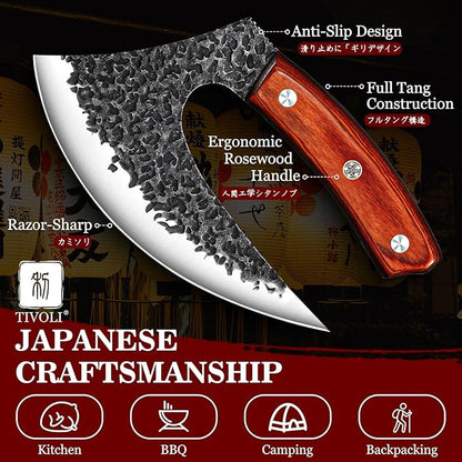 TIVOLI Ulu Knife with Sheath – Full Tang Rosewood Handle, Gift-Ready Box, Viking-Style Cleaver & Pizza Cutter for Meat, Herbs, and Outdoor Cooking –A Christmas Gift for Men and Women